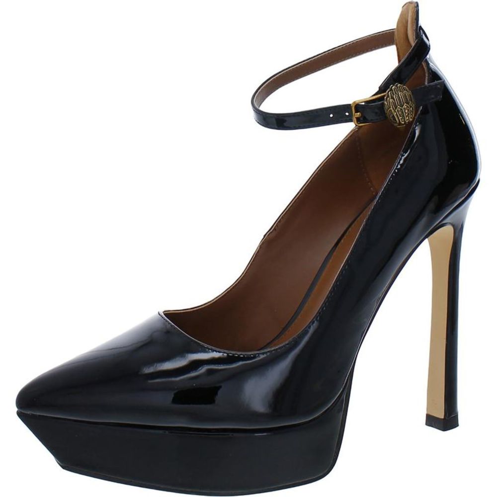 Kurt Geiger Black Patent Leather Platform Ankle-Strap Pumps with Gold Buckle